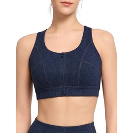 Yvette Denim-Colored High Impact Sports Bras for Women Zip Front Full Support for Large Bust, Denim, M+
