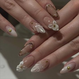 3D Press on Nails with Designs, Medium Ombre Press on Nails Glossy Cute Fake Nails Almond Shape White French Tip Glue on Nails Flower Shell Pearl Acrylic Nails Reusable Artificial Nails for Women