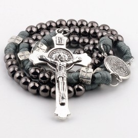 HanlinCC Saint Benedict Paracord Rosary Necklace Large and Heavy Metal Beads Durable Rugged Cord Catholic Rosary for Men (Gun Black)