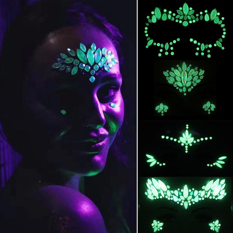 6Pcs Luminous Rhinestones Face Temporary Tattoos Glitter Festival Face Stickers
