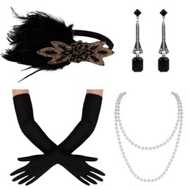 Wecoe 1920s Flapper Accessories Set for Women - 6Pcs Including Feather Headband, Pearl Necklace, Gloves & Earrings - Vintage Costume Jewelry