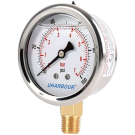 UHARBOUR Glycerin Filled Pressure Gauge 100 psi/7 bar, Stainless Steel Case, Brass Inside Construction, 2-1/2 Inch Dial, 1/4 Inch BSPT Rear Connection