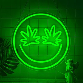 Green Leaf Neon Sign, Smile Face LED Neon Lights for Wall Decor Bedroom USB Powered Led Signs for Bar Game Room Hotel Birthday Party Man Cave Club Pub Party Decor(12.6"*12.6")