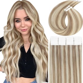 Lacer 18 INCH Tape Hair Extensions Human Hair 50 Grams #6 Brown Highlighted with #60A Blonde Highlights 20 Pcs Tape in Skin Weft Remy Human Hair