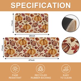 FYSUIMU Fall Leaves Pumpkin Kitchen Mat Rugs Sets of 2, Rugby Football Autumn Maple Leaves Kitchen Floor Rugs Pumpkin Non-Slip Door Mats for Thanksgiving Party Home Decor, 17x29 and 17x47 Inch