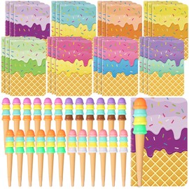 Qeeenar 48 Pieces Summer Ice Cream Party Favors 24 Pcs Colorful Notepads 24 Pcs Ice Cream Pens Summer Graduation Notebooks Pens 2026 End of the Year Gifts Bulk for Birthday Party Office Supplies