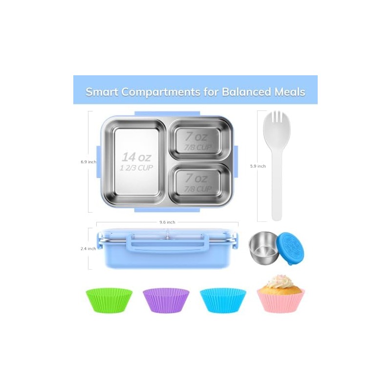 Kids Bento Lunch Box with Built-In Ice Pack, Leak-Resistant 4-Compartment