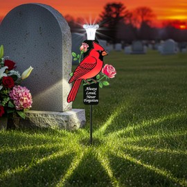 VKEVOC Solar Cardinal Memorial Stakes for Graves - Metal Cemetery Decorations with LED Light, Sympathy Gift for Loss of Mother Mom Grandma, Garden Grave Markers (Red Cardinal)