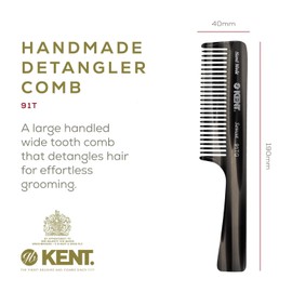 Kent 91T Black Graphite Wide Tooth Detangler Hair Comb for Curly and Wavy Hair - for Women and Men, Large Handle Shower Comb for Effective Detangling for Wet Hair, Handmade Polished