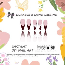 Wine Red Press on Nails Long Stiletto MABKJLF French Tip Fake Nails False Nails with Designs White Bow Charms Full Cover Glossy Glue on Nails Acrylic Nails for Women Girls 24 Pcs
