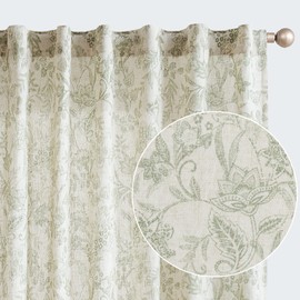 Lazzzy Linen Farmhouse Green Floral Print Curtains 96 Inches Long Back Tab Drapes for Living Room Bedroom Semi Sheer Patterned Country Vintage Curtains 2 Panels Set Rod Pocket Green on Beige