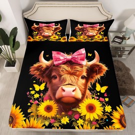 Feelyou Highland Cow Fitted Sheet Queen Size Highland Cattle Bedding Set for Boys Girls Teens Animal Bed Sheet Set Wildlife Bed Cover Room Decor Black Yellow Bed Set