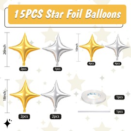 Gold Silver Star Balloons,15Pcs Silver Gold Star Foil Balloons,26/18/10 Inch Quadrangle Star Helium Mylar Balloons for Graduation Wedding Birthday Prom Anniversary Baby Shower Party Decoration