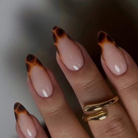 French Tip Press on Nail Almond Shape Fake Nails Full Cover Brown False Nails with Leopard Print designs Acrylic Artificial Stick on Nail Glossy Reusable Glue on Nails for Women Fall Manicure24pcs