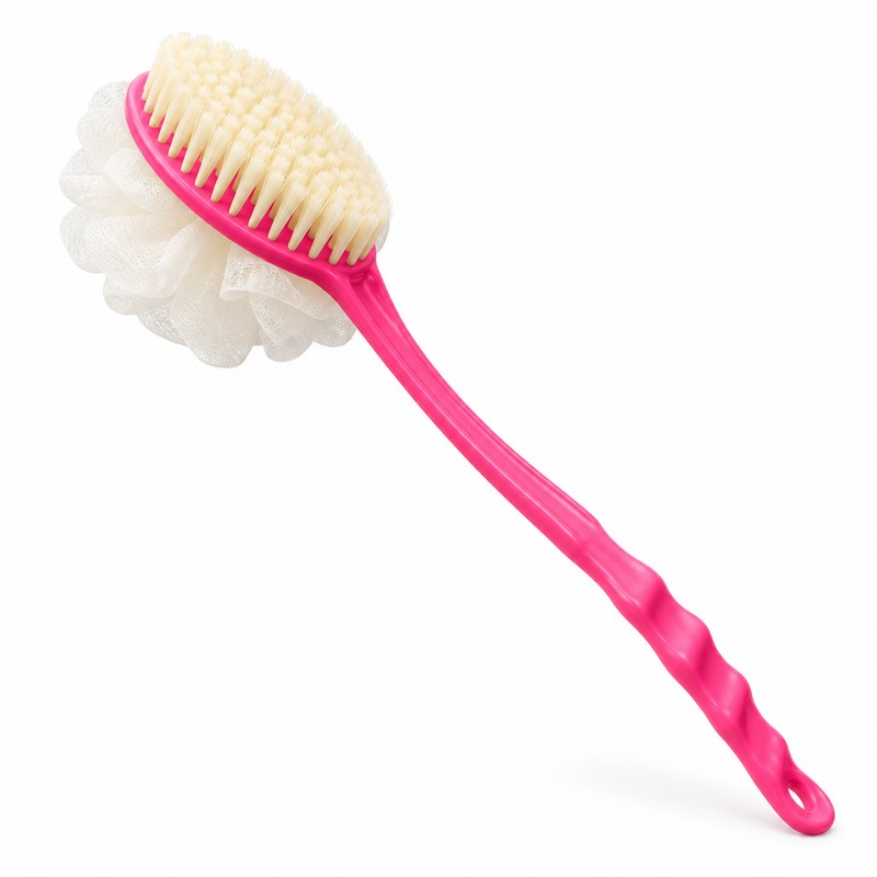 2-in-1 Long Handle Bath Brush with Soft Loofah & Bristles,