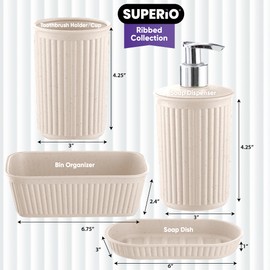 Eco-Friendly Decorative Plastic Bathroom Accessories Set, (Set of 4) Soap Dish, Liquid Dispenser, Toothbrush Holder Cup, Vanity Organizer Tray - Bath Accessory Countertop Decor Gift - Ribbed Design