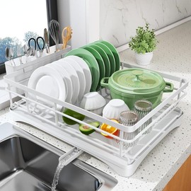 Dish Drying Rack - Stainless Steel Dish Rack for Kitchen Counter, Large-Capacity Dish Drainer with Cutlery Holder, Kitchen Organizer for Dishes, Spoons and Forks - Color: White