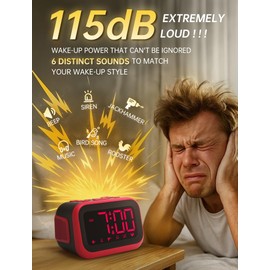 Acedeck Loud Alarm Clock for Heavy Sleepers: 115dB Dual Alarms with 6 Unique Sounds for Bedroom Dorm Room Use - On-Time Wake Up for Teen College Students - Red