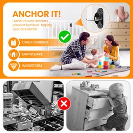 Furniture Anchors for Baby Proofing (10 Pack) Anti Tip Furniture Anchors Securing 400lbs,Wall Anchor Earthquake Straps Prevent Baby Pet from Falling Furniture Dresser & Bookshelf, Black