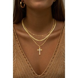 Pancert Gold Cross Necklace for Women,Stackable Stack 14K Gold Plated Layered Necklaces for Women Herringbone Necklaces Beaded Trendy Diamond Cross Necklace Jewelry Religious Minimalist Gift