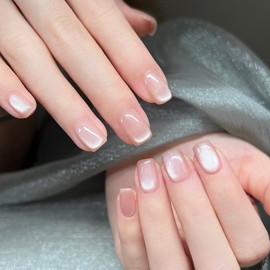 XZMeiLun Cat Eye Pink Press On Nails Short Square 30 Pcs, Flower Designer Reusable Acrylic Fake Nails with Glue, Glossy Soft Gel Nails Wedding and Party, Stick On Glue On Nails, Nails for Women Gift