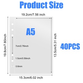 Pack of 40 A5 Binder Pockets, Transparent Pockets, 6 Holes, Waterproof Loose Leaf Folder, Polypropylene Punched Pockets, A5 Sleeves in Portrait Format for Ring Binder Albums, for Documents, Bills