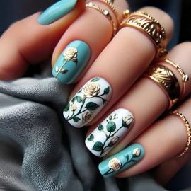 Golden Rose Press on Nails Short Square Shaped False Nails Glossy Blue Fake Nails with Flower Leaf Designs Spring Acrylic Nails Full Cover Stick on Nails for Women Nails Manicure Decor 24 Pcs