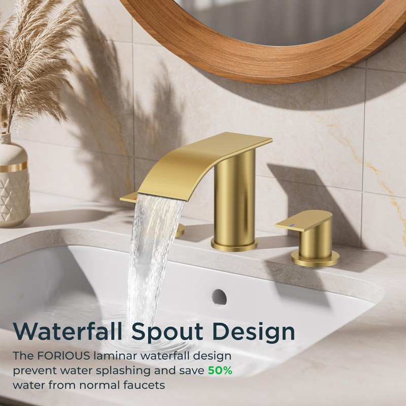 FORIOUS Upgrade Brushed Gold Bathroom Faucets 3 Hole, 8 Inch