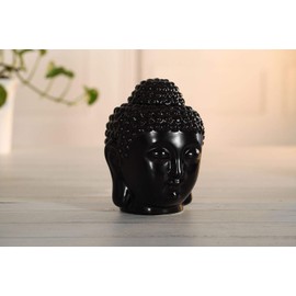 T4U Ceramic Buddha Head Essential Oil Burner with Candle Spoon Black, Aromatherapy Wax Melt Burners Oil Diffuser Tealight Candle Holders Buddha Ornament for Yoga Spa Home Bedroom Decor