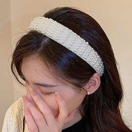 Jumwrit Pearl Headband White Faux Pearl Hairband Non-Slip Wide Headband Bridal Hair Hoop Wedding Hair Accessories for Women Girls