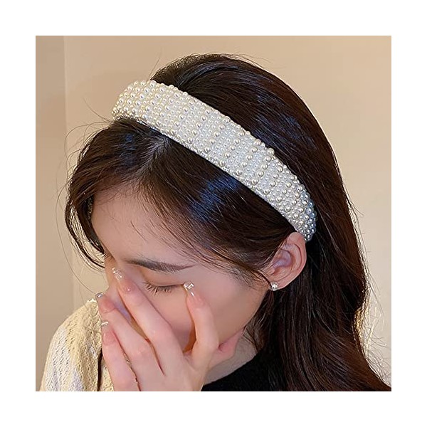 Jumwrit Pearl Headband White Faux Pearl Hairband Non-Slip Wide Headband