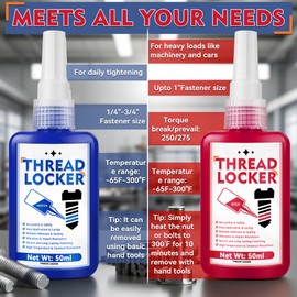 HuakChai Thread Lock Blue and Red, Locktight Threadlocker Medium & High Strength, Lock Tight Thread Lock for Lock & Seal Fasteners, Metals, Nuts and Bolts, Against Losening and Leakage, 50ml x 2