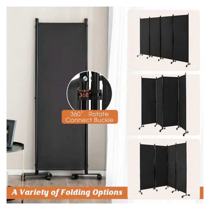 4-Panel Folding Room Divider with Lockable Wheels Privacy Screencolor: Brown