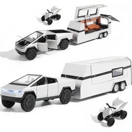 Alloy Diecast Truck Toy with RV Motorcycle, 3-in-1 Pickup Trail Pull-Back Model Kit with Sound and Light, for Kids Boys Girls,childhood toys,model car collector,die cast collectible - model: 2in1 silver