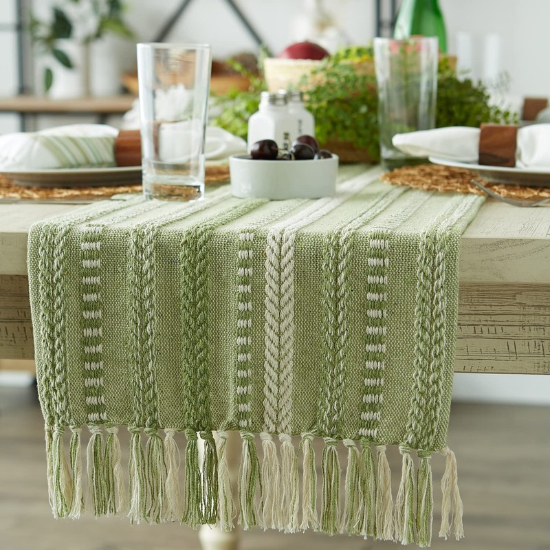 DII Farmhouse Braided Stripe Table Runner Collection, 15x108 (15x113, Fringe