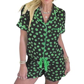 KevaMolly Womens St Patricks Day Lounge Sets Shamrock Print Pocketed Knotted PJ Set Short Sleeve Xmas Top and Shorts Black Clover M