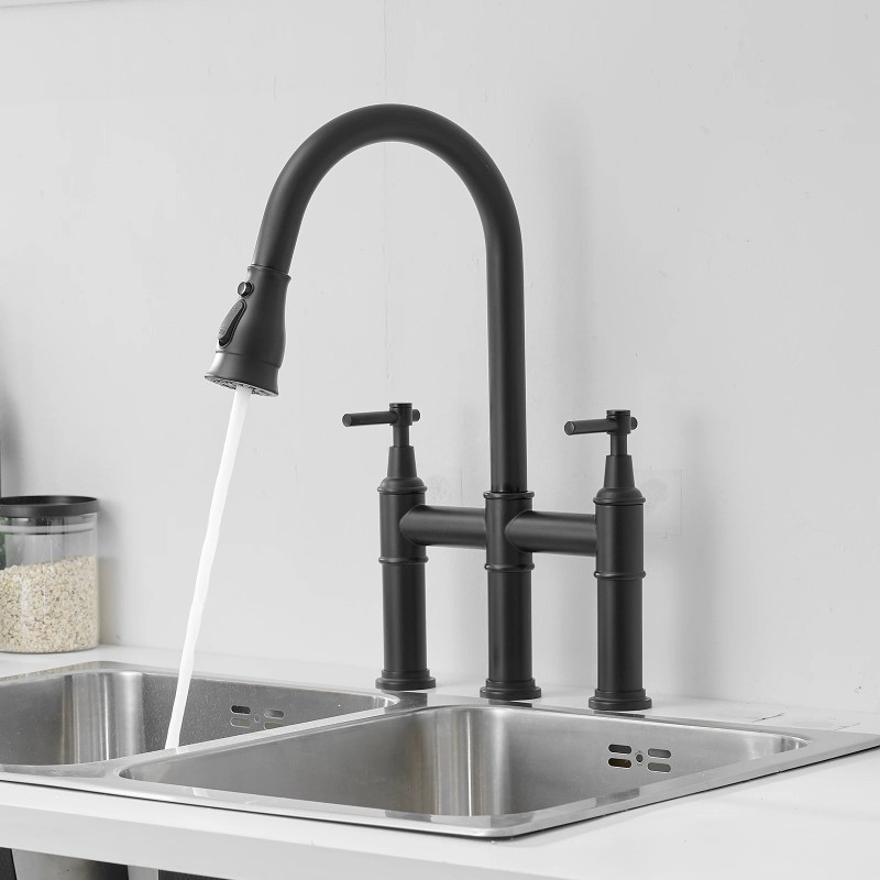 3-Hole Brushed Nickel Bridge Kitchen Faucet with Pull Out Sprayer