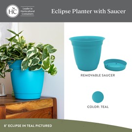 The HC Companies Eclipse Round Planter With Saucer - Outdoor & Indoor Plant Pot with Drainage Holes - Lightweight, UV-Resistant Plastic Pots For Plants, Flowers & Herbs (6" Teal, Pack of 1)