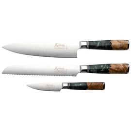 Grunwerg Katana Elements 3-Piece Knife Box Set : Chef/Bread/Pairing Knives, Premium VG-10 Damascus Steel Blades, Olivewood And Resin Handle, Green