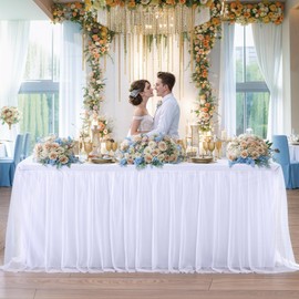 White Table Cloth for 6 Foot Rectangle Tables, White Tulle Table Skirt Covers Stretch Fitted Tablecloth, Rectangular Ruffle Tutu Cake Tablecloths Wedding Banquet Party Decorations