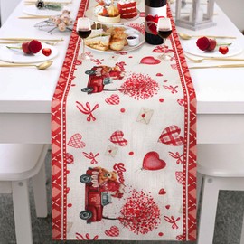 Bigqin Camino de Mesa Día de San Valentín, Decoración Dia de la Madre Amor Corazon Oso Flor Lino Camino Mesa para Comedor Cocina Cafetería Hogar Interior Bar Decoración de Fiesta, 183*33cm/72*13"
