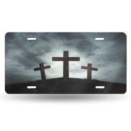 Three Crosses Front License Plate Aluminum Decorative License Plates Funny Metal Car Plate 6"X12" Novelty Vanity Tag Cover with 4 Holes Car Decor Accessory