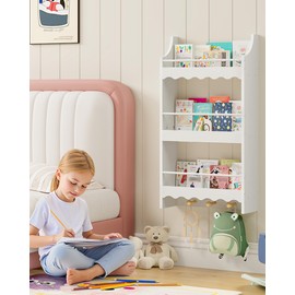 CHOEZON Wall-Mounted Kids Bookshelf, 3-Tier Wall-Hanging Book & Magazine Rack, Floating Toy Storage Organizer with 3 Hooks & Guardrails, for Kids' Room, Living Room, Nursery, White and Natural MCW43WB