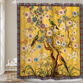 Homewelle Mandala Boho Floral Tree of Life Spring Shower Curtain Retro Vintage Flower Blossom Birds Plant Botanical Yellow Indian 72Wx72H Inch Nature Waterproof Polyester Fabric Bathroom Bathtub