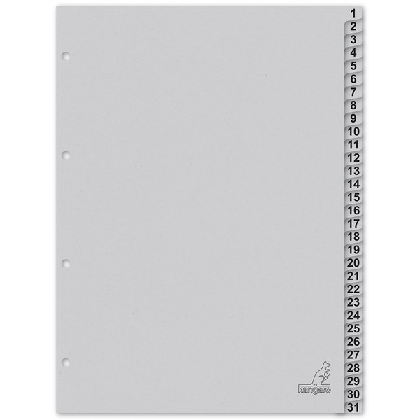 Kangaro Card Index A4 Numbers 1-31. 180gsm Recycled Grey FSC