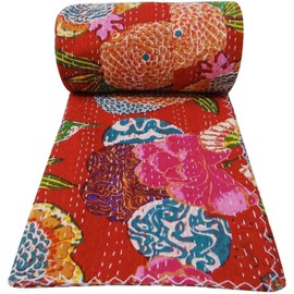 Bhagyashri Fashions Indian Handmade Cotton Red Fruits Print Kantha Quilt Queen Tribal Bed Cover Reversible Bedspread Blanket Picnic Throw Floral Coverlet 108x90 Inches