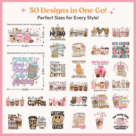 Coffee Iron on Transfers, 30 Sheets Dtf Transfers Ready to Press Coffee Transfer Stickers Iron on Decals for T Shirts Hoodie DIY Crafts