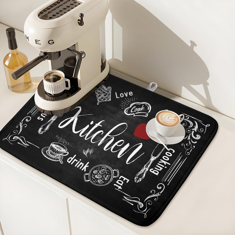 Kawani Black Coffee Bar Dish Drying Mats for Kitchen Counter