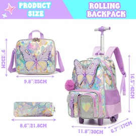 HTgroce Kids Rolling Backpack with Wheel,School Backpack for Kids Girl Roller Schoolbag Wheeled Backpacks Set Carry-on Luggage,Purple