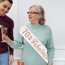 CHEERYMAGIC 70th Birthday Sash, Rose Gold and White Birthday Satin Sash for 70th Birthday Decorations Women Birthday Gift Party Accessories A3WRGFAB (70th&fabulous)